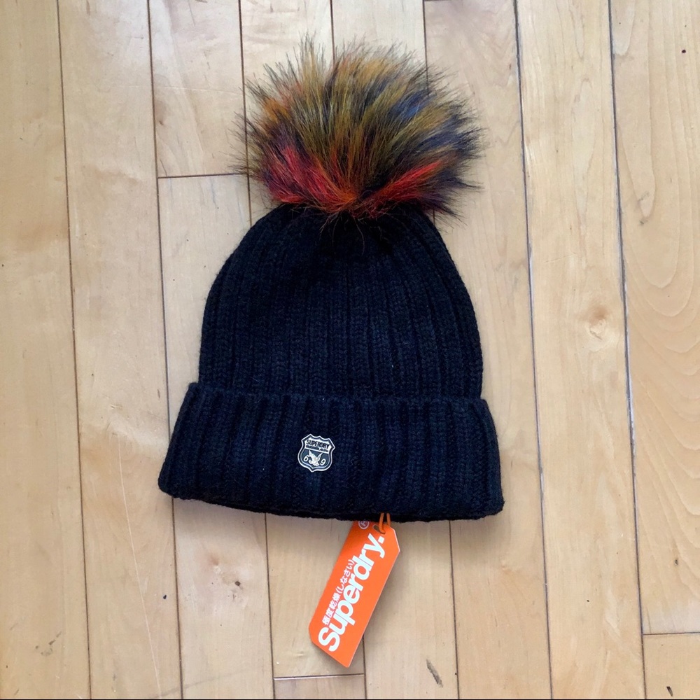 Superdry Black hat with Multicolor fur pom